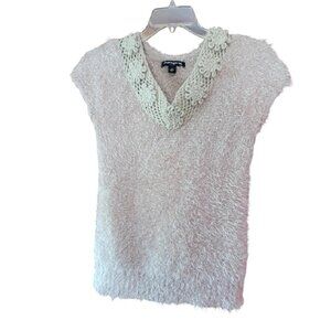 Sharagano Fuzzy Tan Top with Crochet Flowered V-Neckline Size S